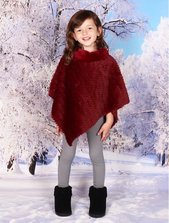 Kids Soft Faux Fur Ponch W/  Tile Pattern and Faux Fur Neckline (3-7 Years Old) 